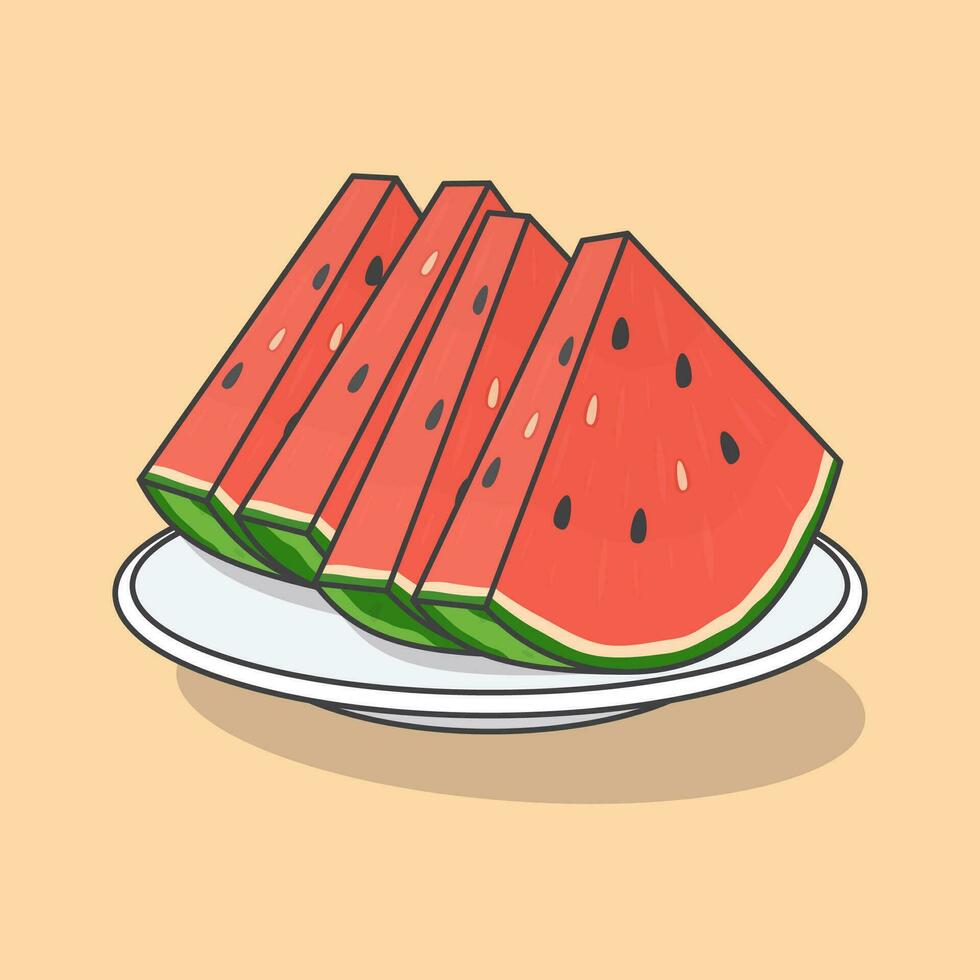 Stücke von Wassermelone auf ein Teller Karikatur Vektor Illustration. frisch Wassermelone Obst eben Symbol Gliederung