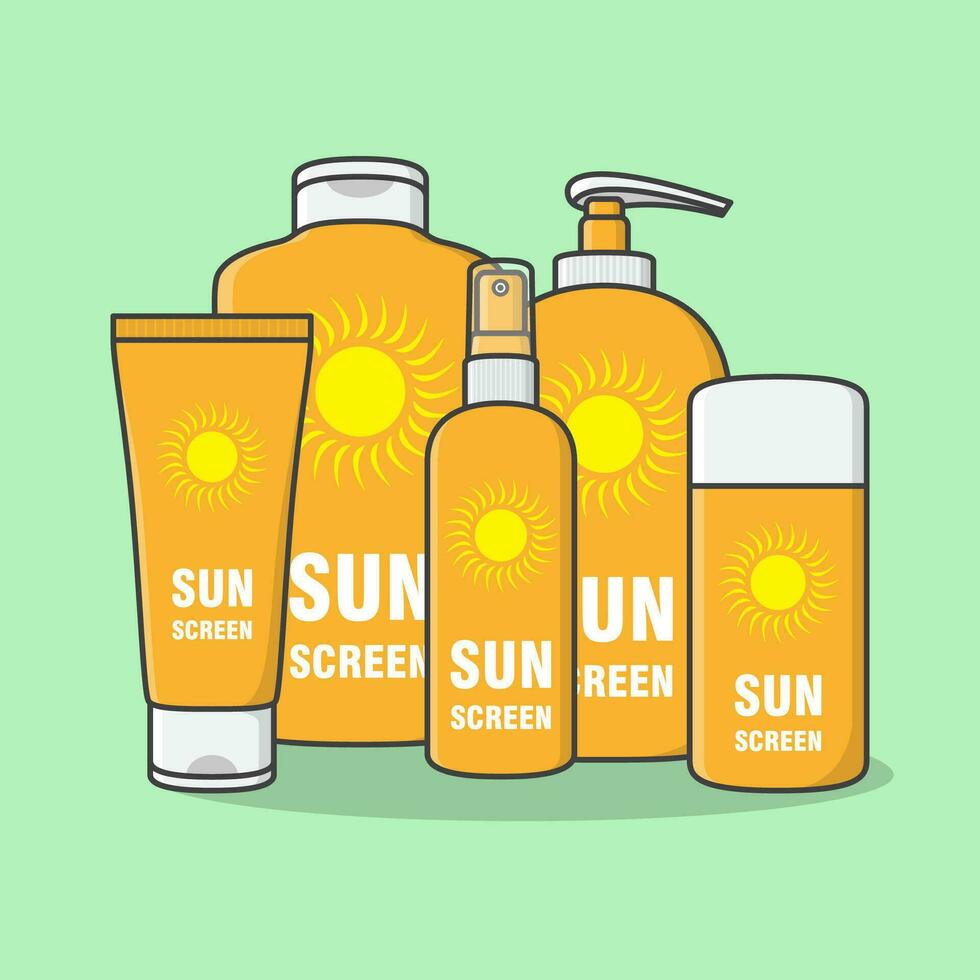 Sonnenschutz Sahne und sprühen Karikatur Vektor Illustration. Sonne Schutz kosmetisch Produkt eben Symbol Umriss. Sonnencreme Lotionen oder Hautpflege