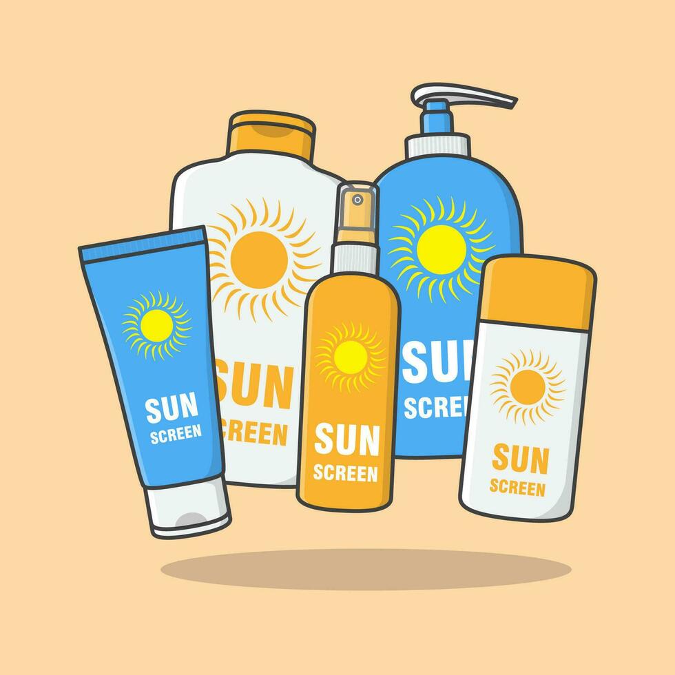 Sonnenschutz Sahne und sprühen Karikatur Vektor Illustration. Sonne Schutz kosmetisch Produkt eben Symbol Umriss. Sonnencreme oder Hautpflege