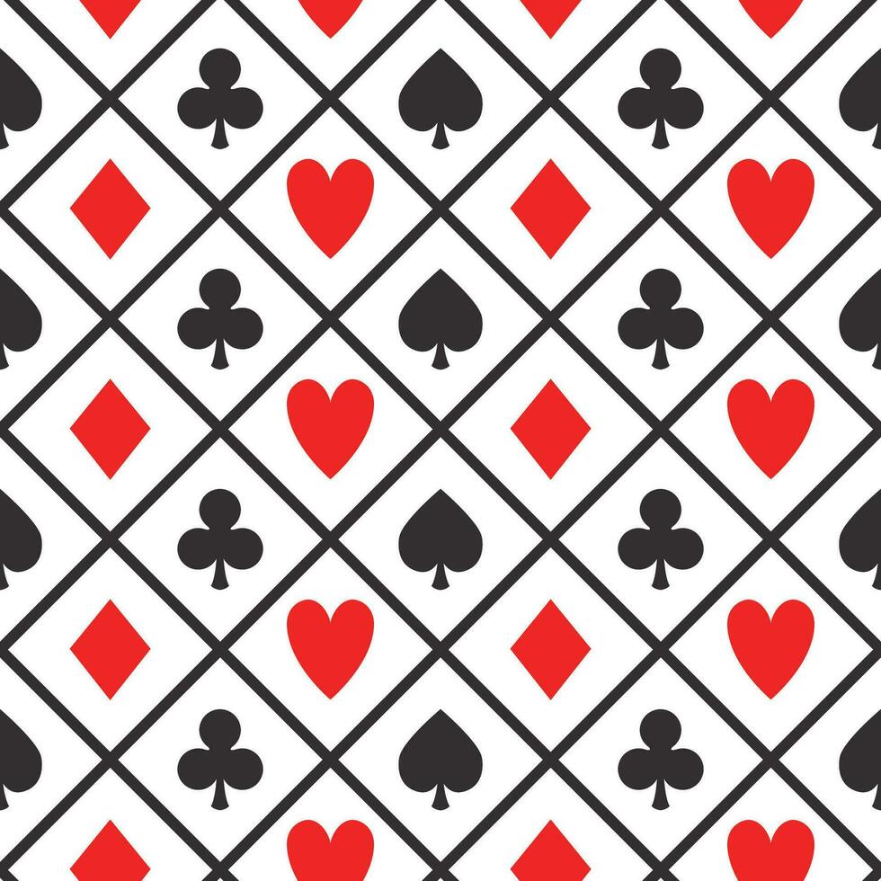 Poker Karte Spiel Muster, nahtlos Vektor Kasino Hintergrund mit Karte Anzüge, Vereine, Herzen, Spaten und Diamanten mit schwarz Linien und Weiß Hintergrund