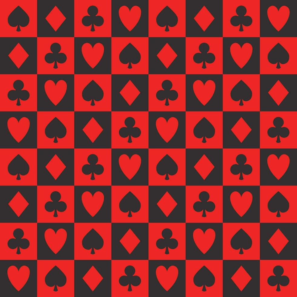 Poker Muster, nahtlos Vektor Kasino Hintergrund mit Karte Anzüge, Vereine, Herzen, Spaten und Diamanten mit schwarz und rot prüft