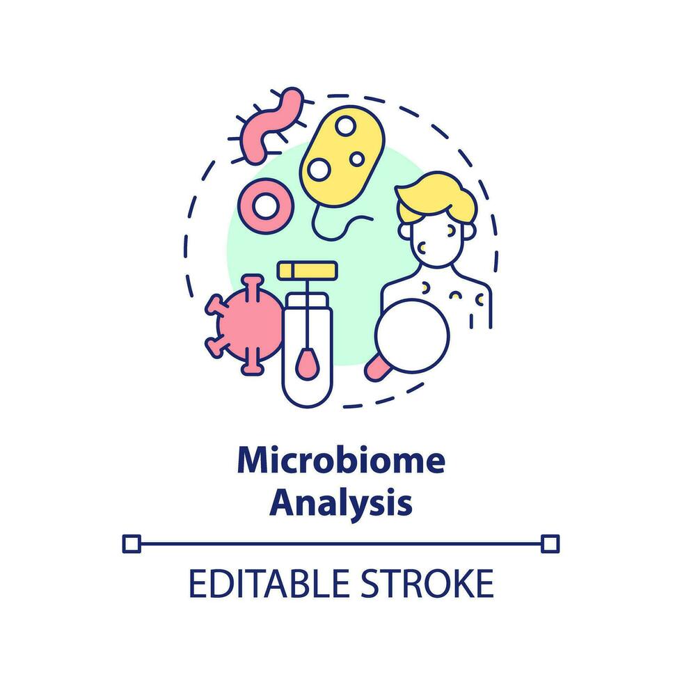 microbiome analys begrepp ikon. mikrob kolonier roll i kropp studie. precision medicin. teknologisk förskott abstrakt aning tunn linje illustration. isolerat översikt teckning. redigerbar stroke vektor