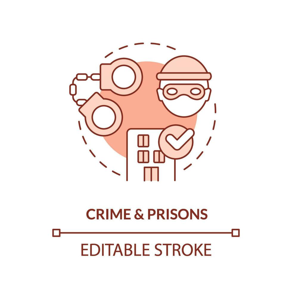 brottslighet och fängelser röd begrepp ikon. fängelse av kriminell. lag och Rättslig problem abstrakt aning tunn linje illustration. isolerat översikt teckning. redigerbar stroke vektor