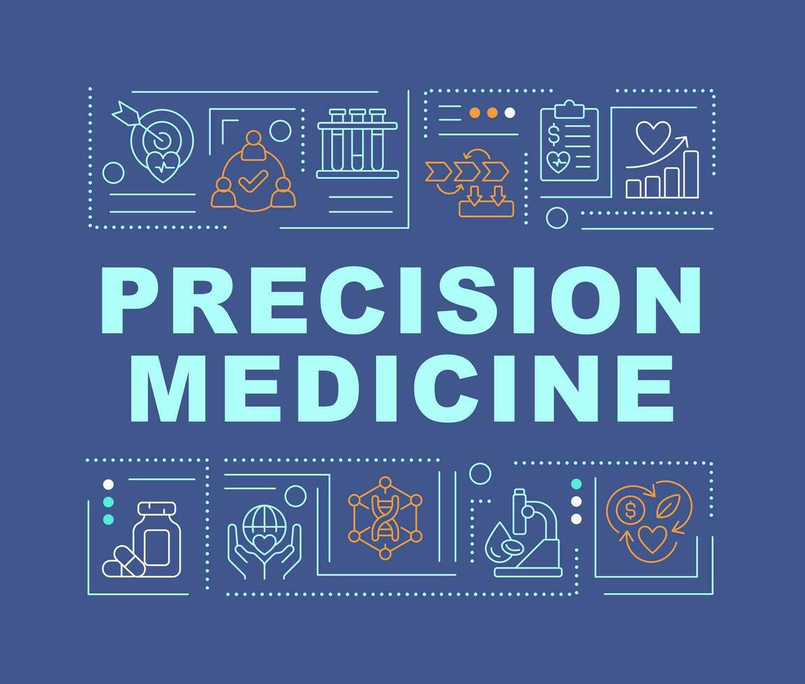 Präzision Medizin Wort Konzepte dunkel Blau Banner. Gen Analyse. Infografiken mit editierbar Symbole auf Farbe Hintergrund. isoliert Typografie. Vektor Illustration mit Text