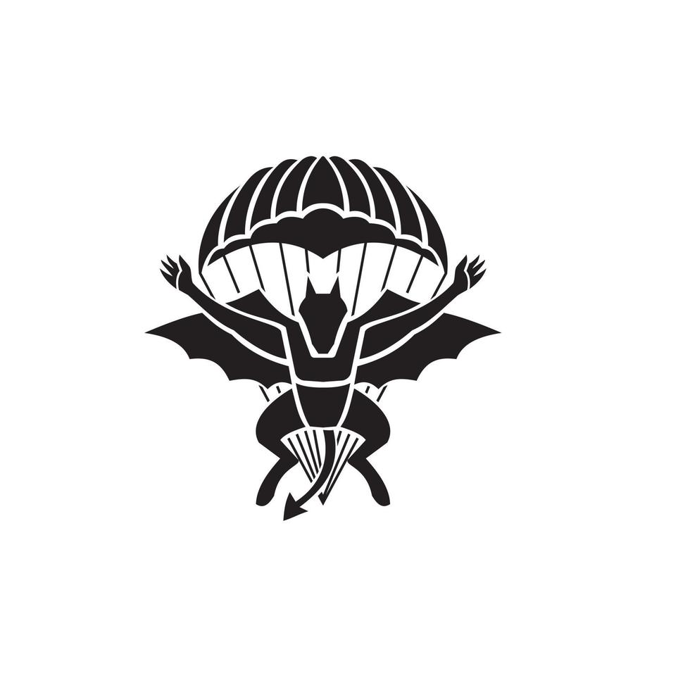 Red Devils Fallschirmregiment Freifall-Team zeigt einen Dämonenteufel oder eine Fledermaus mit Fallschirmspringen Vorderansicht Militärabzeichen schwarz und weiß vektor