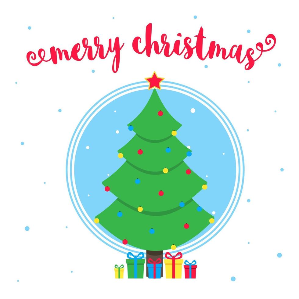 frohe weihnachten grußpostkarte mit weihnachten tanne und text flache stilvektorillustration. Feiern von Weihnachten und guten Rutsch ins Neue Jahr-Karte mit Geschenken und Baum auf Schneeflocken Hintergrund isoliert. vektor