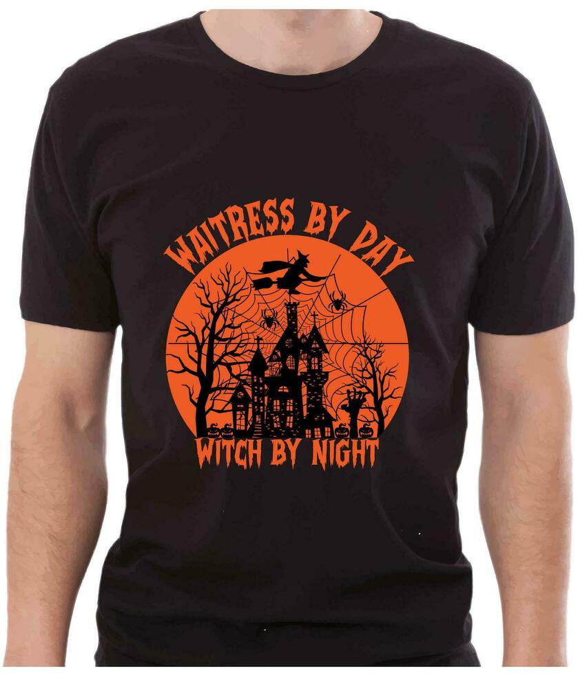 Kellnerin durch Tag Hexe durch Nacht glücklich Halloween t Hemd Design vektor
