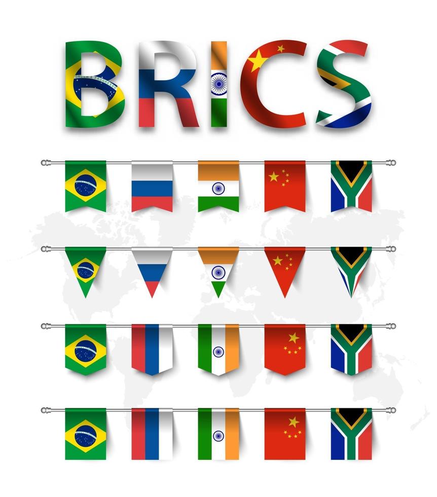 brics. verband von 5 ländern brasilien . Russland . Indien. china. Südafrika . und verschiedene Formnationenflaggen der Ländermitgliedschaft hingen am Pol- und Weltkartenhintergrund. Vektor. vektor