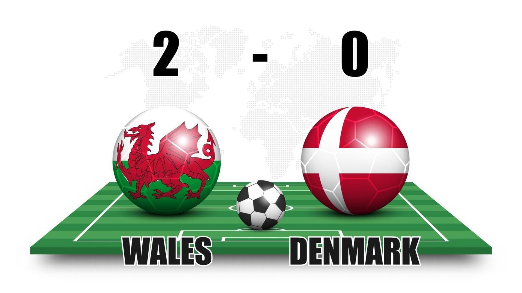 Wales gegen Dänemark. Fußball mit Nationalflaggenmuster auf Perspektive Fußballplatz. gepunkteter Weltkartenhintergrund. Fußballspiel Ergebnis und Anzeigetafel. Sportpokal-Turnier. 3D-Vektordesign. vektor