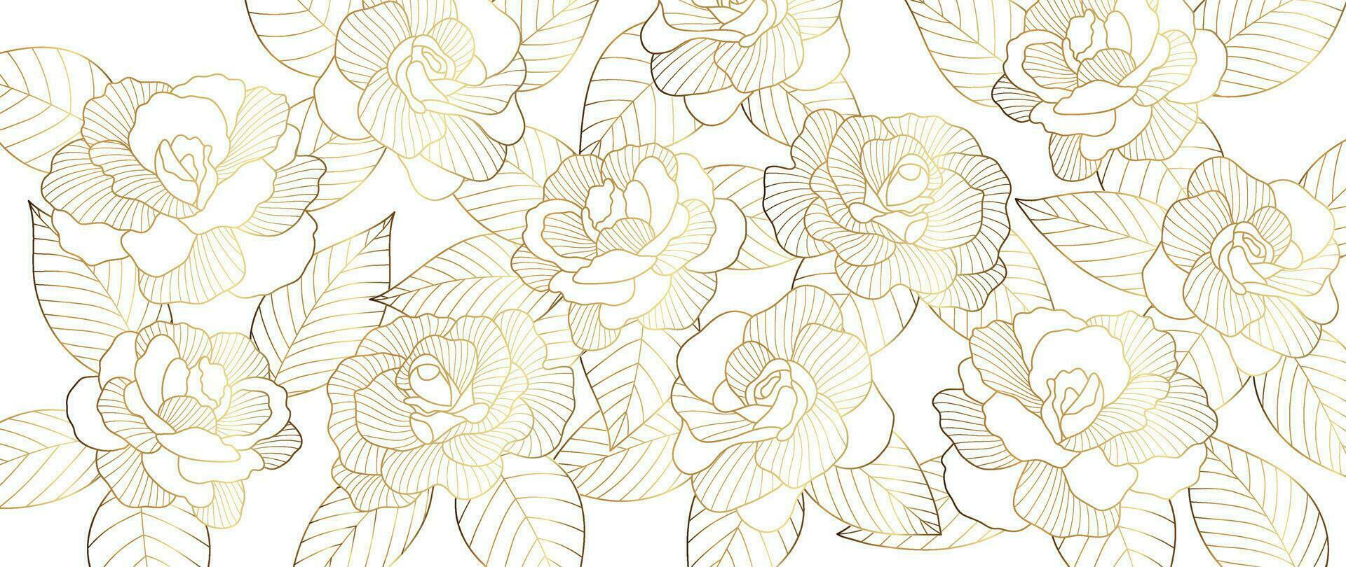 lyx gyllene reste sig blomma linje konst bakgrund vektor. naturlig botanisk elegant blomma med guld linje konst. design illustration för dekoration, vägg dekor, tapet, omslag, baner, affisch, kort. vektor