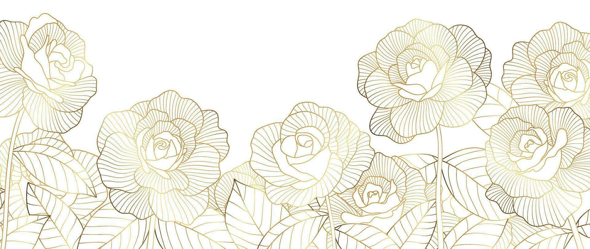 Luxus golden Rose Blume Linie Kunst Hintergrund Vektor. natürlich botanisch elegant Blume mit Gold Linie Kunst. Design Illustration zum Dekoration, Mauer Dekor, Hintergrund, Abdeckung, Banner, Poster, Karte. vektor