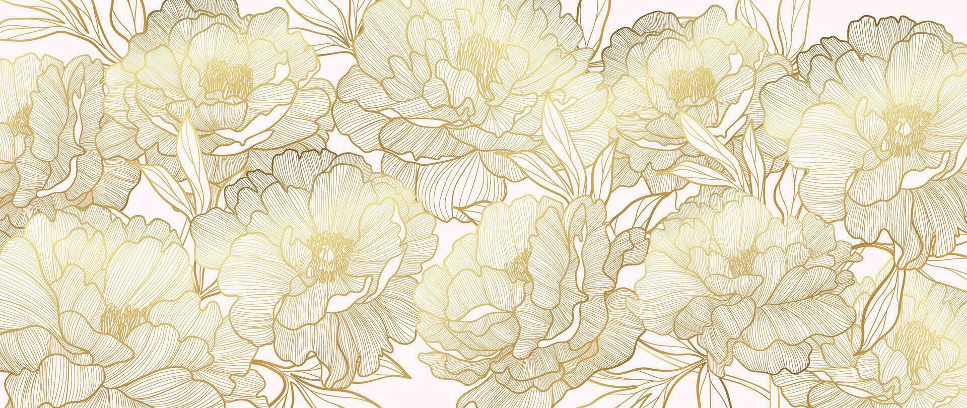 Luxus golden Pfingstrose Blume Linie Kunst Hintergrund Vektor. natürlich botanisch elegant Blume mit Gold Linie Kunst. Design Illustration zum Dekoration, Mauer Dekor, Hintergrund, Abdeckung, Banner, Karte. vektor