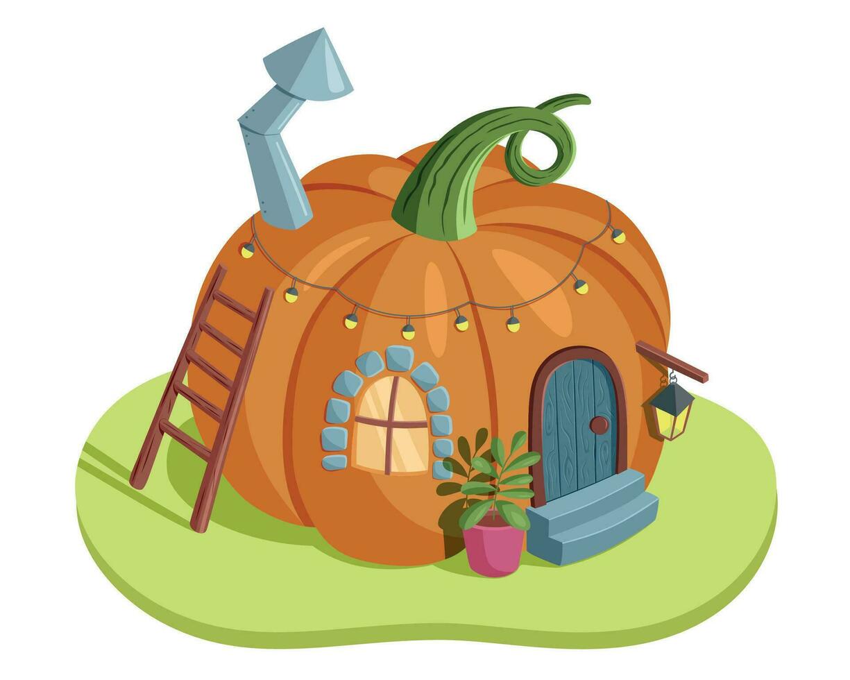 en fint orange pumpa hus med en skorsten, en söt liten fönster och en dörr på de grön gräs i en tecknad serie vektor