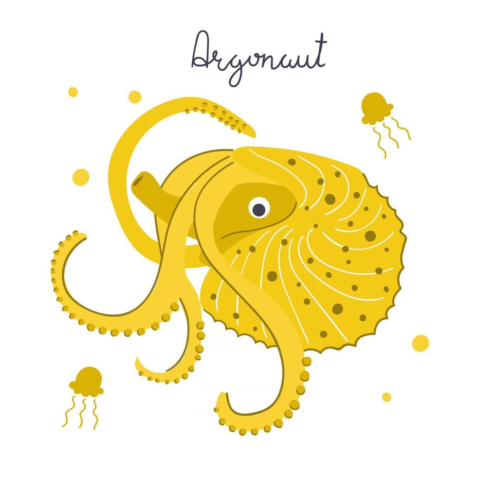 handritad söt argonaut, havsdjur. koncept för undervattensnatur. platt illustration. vektor
