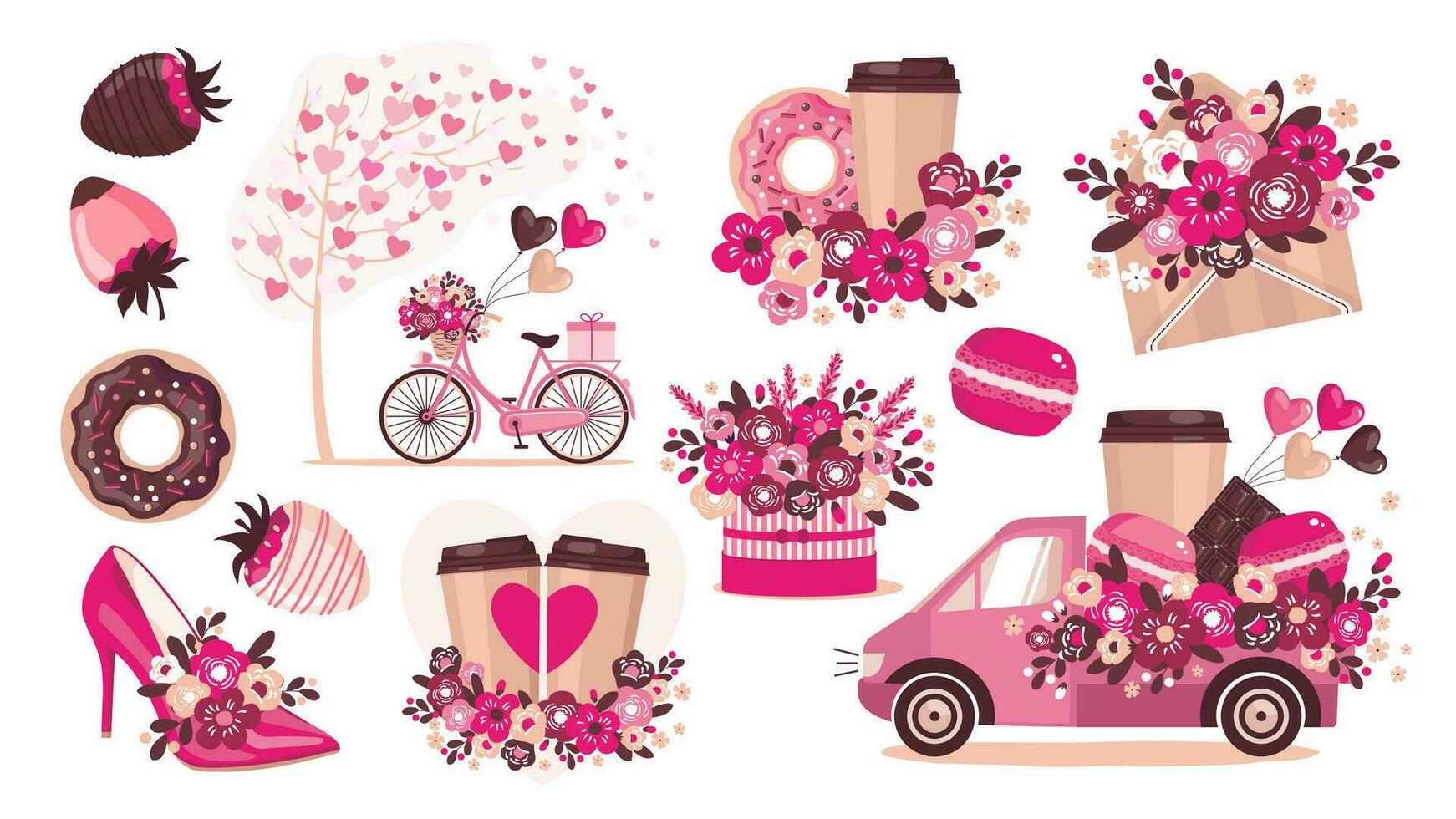 en romantisk uppsättning med blommor, en munk, kaffe, en cykel och en bil. vektor ClipArt.