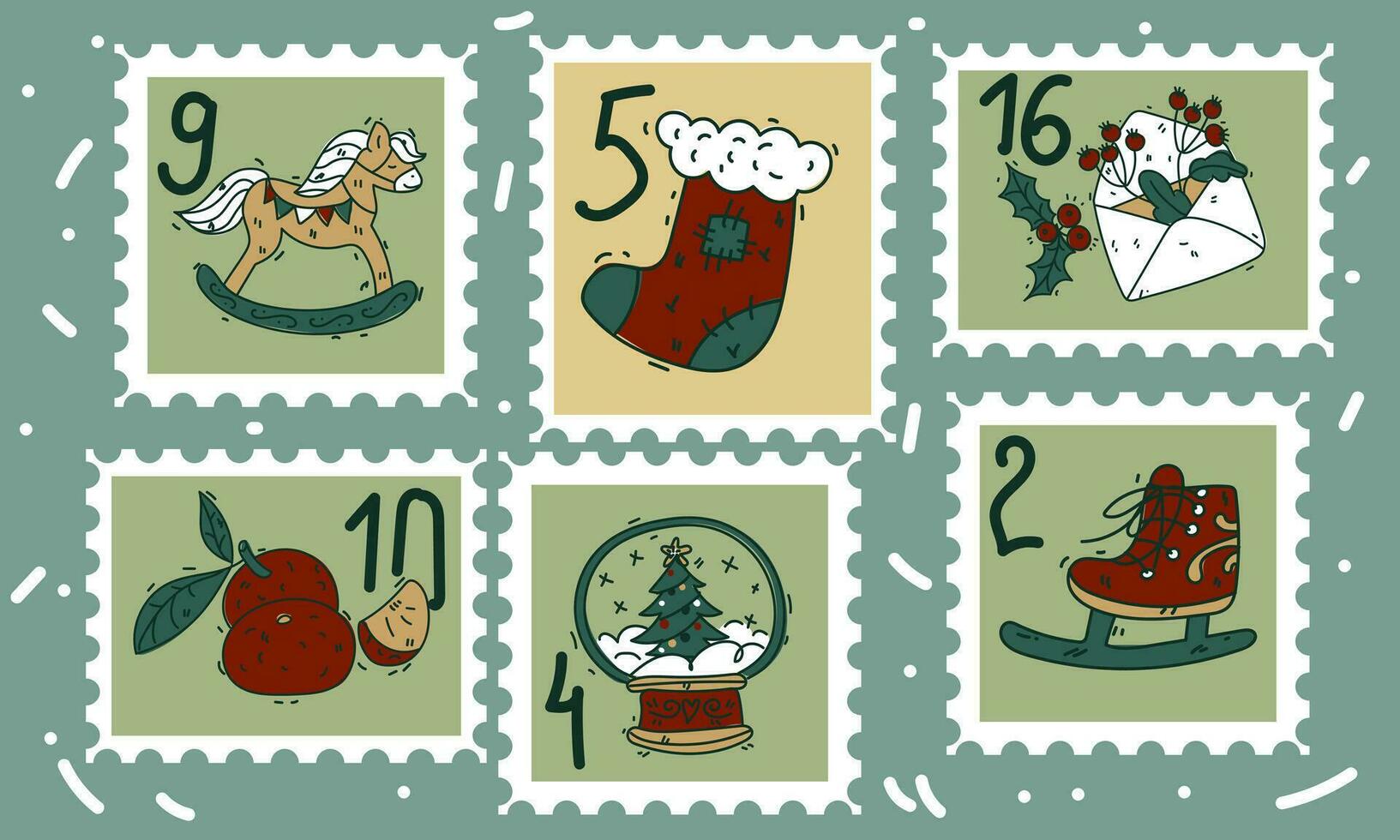 en uppsättning av söt ritad för hand porto frimärken med jul och ny år attribut, en strumpa, en brev, mandariner, en snö klot, skridskor och tal. modern vektor illustrationer i tecknad serie stil