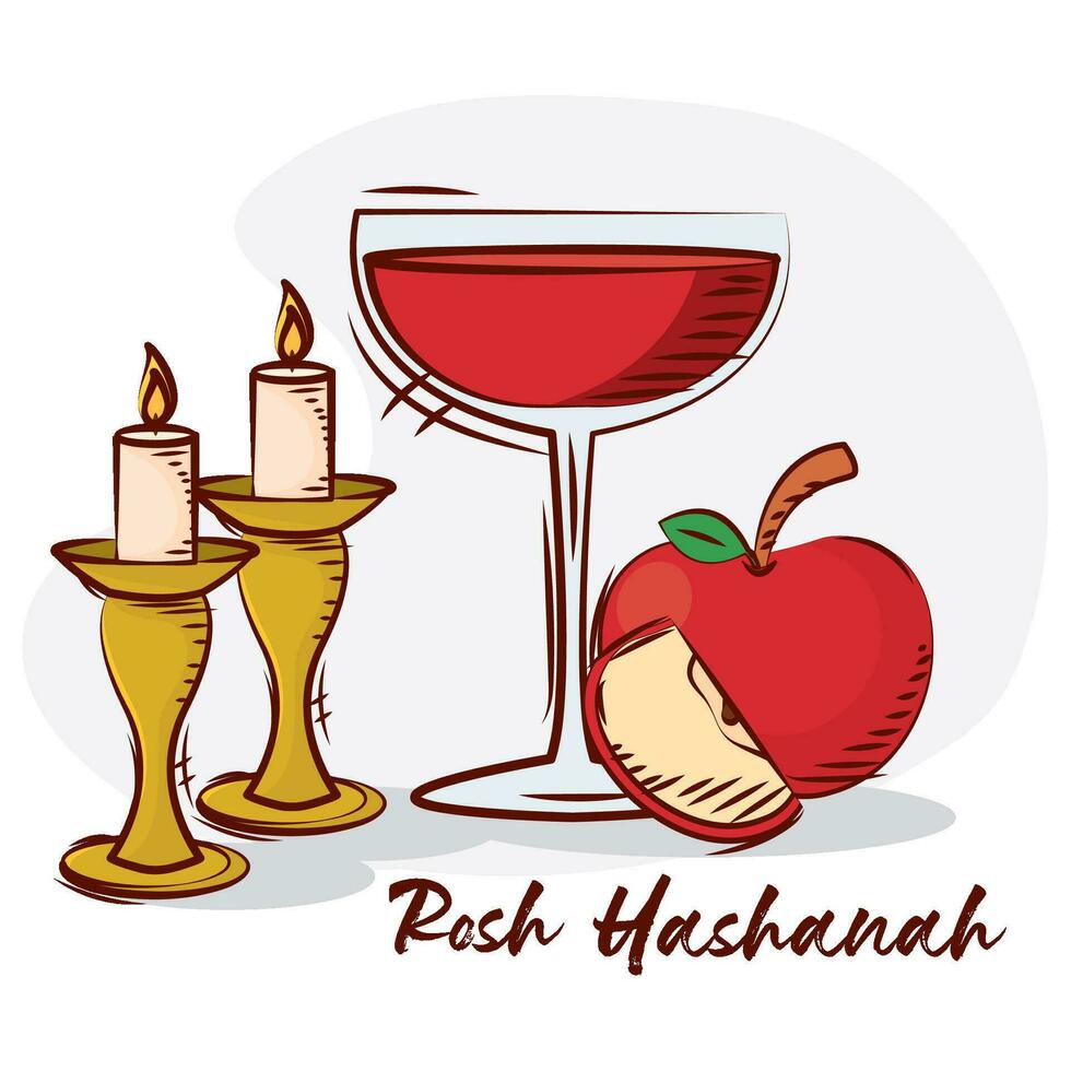 Hand gezeichnet rosh hashanah Apfel Wein und Kerzen Vektor