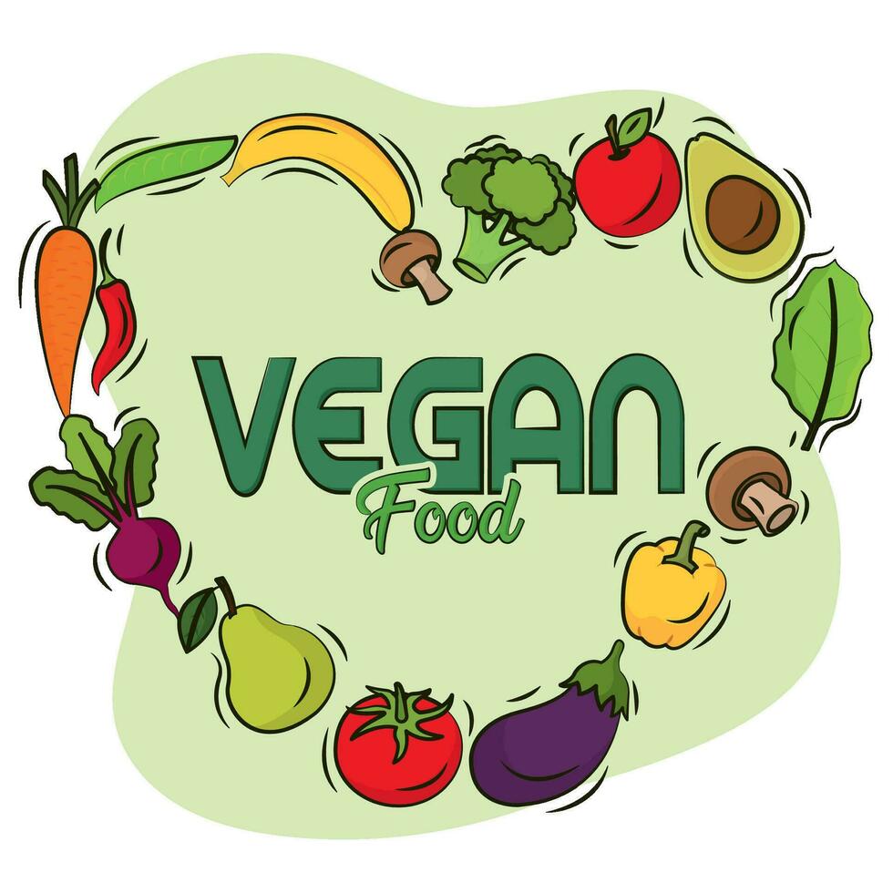 grupp av frukt och grönsaker håller på med en hjärta form vegan livsstil vektor