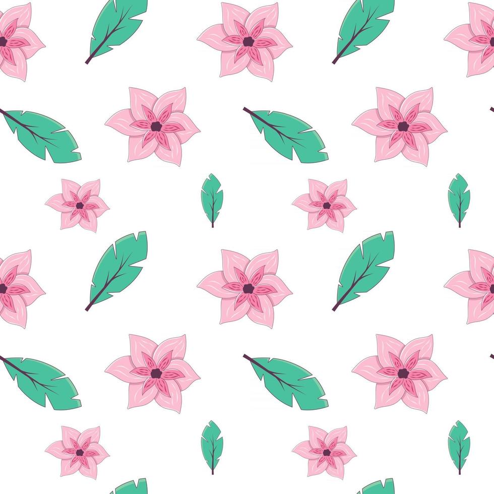 sömlösa mönster med tropiska löv och blommor på en vit bakgrund. vektor ändlös konsistens i tecknad stil med tunna streck