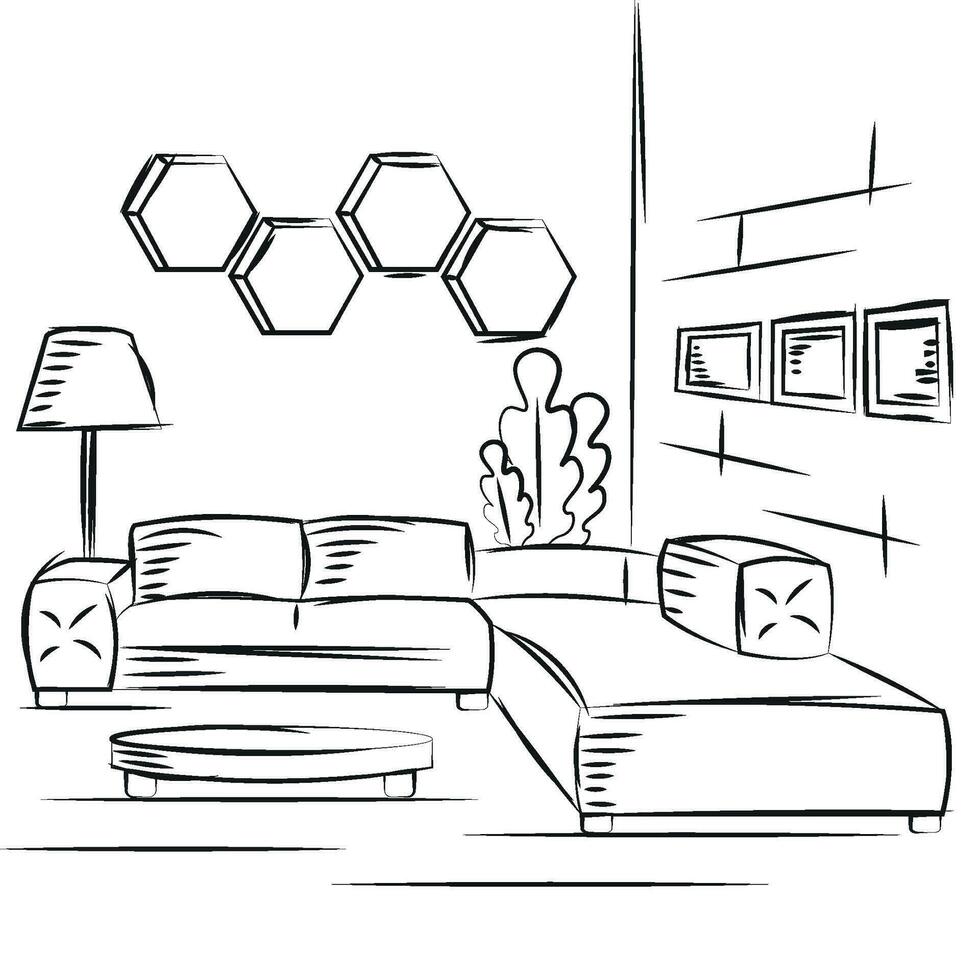 skizzieren von ein Innen- Leben Zimmer Design mit Couch und Lampen Vektor