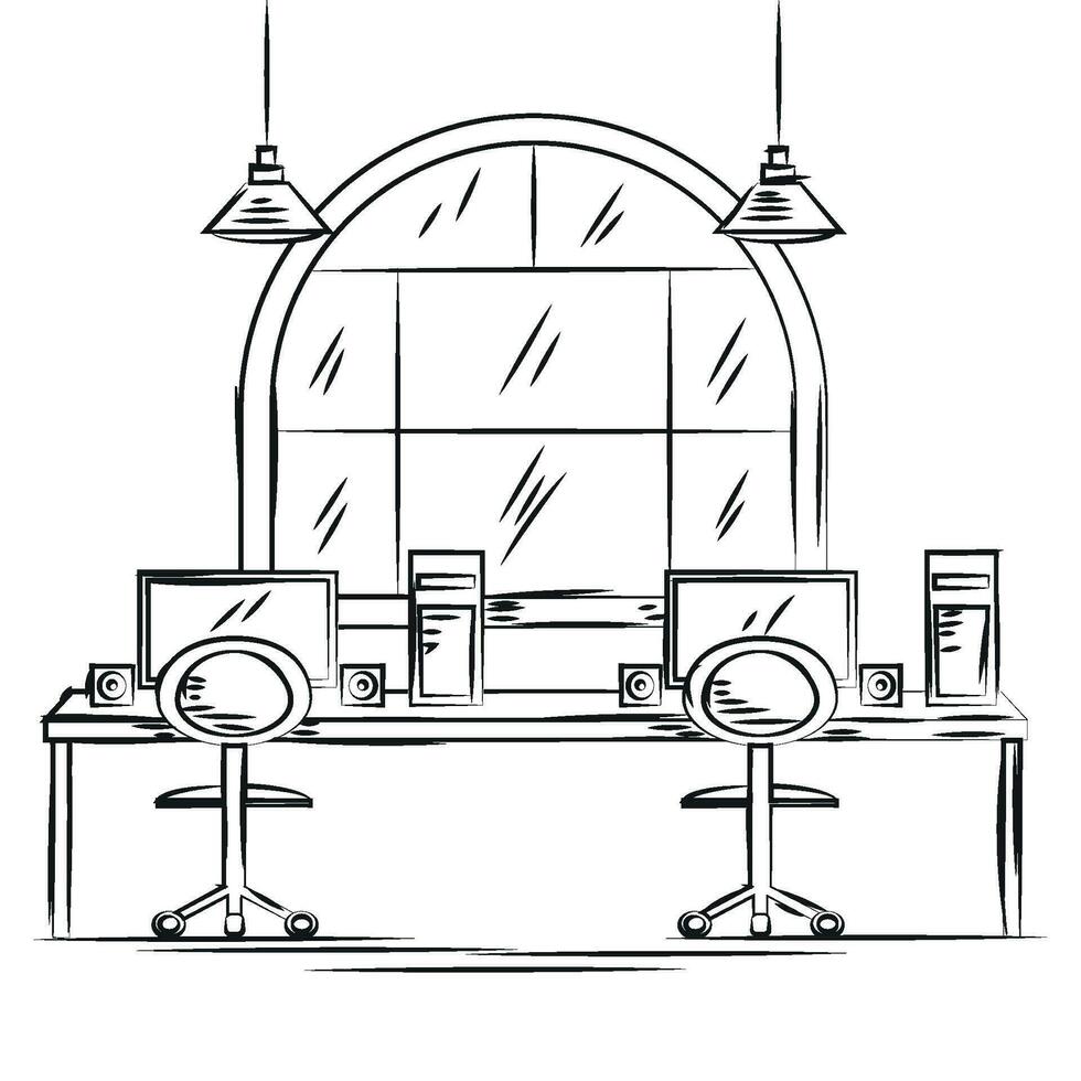 skizzieren von ein Innen- Büro Design mit Lampen Schreibtisch und Stühle Vektor