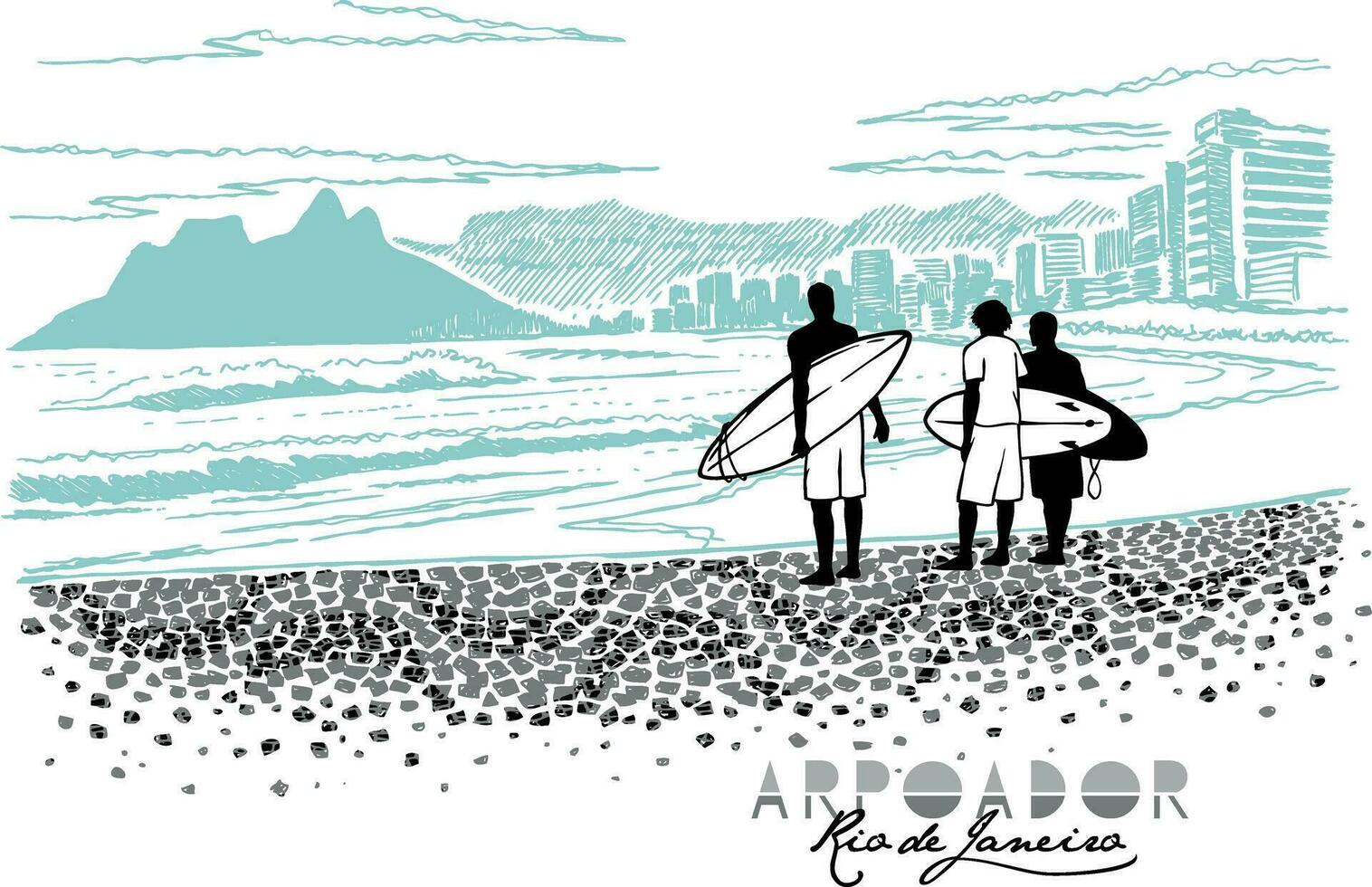 vektor illustration av surfare silhuett i kust stadsbild av rio de Janeiro, Brasilien. teckning i fri och avskalade slag. konst för utskrift på t-shirts, posters och etc.