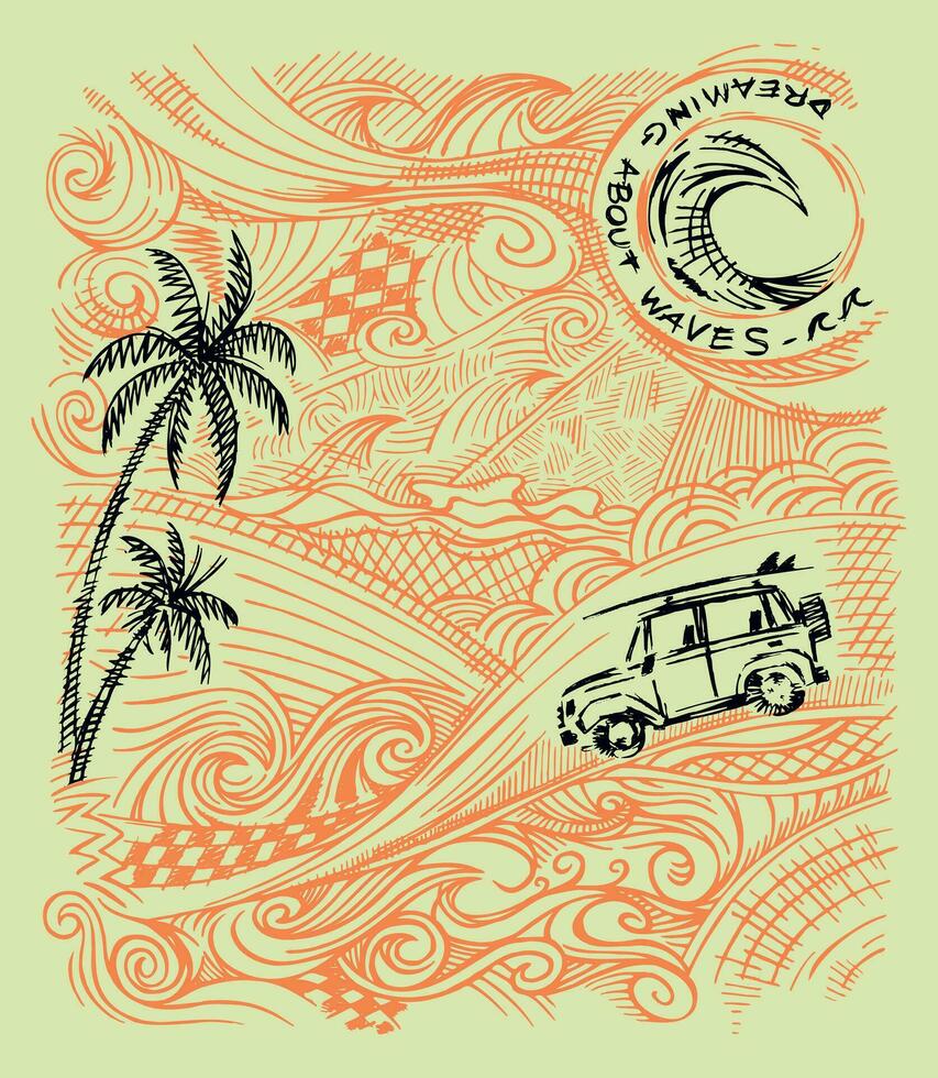Freistil vereinfachte stilisiert Kunst Vektor Illustration mit Sommer, Küste und Surfen Elemente. Design zum Drucken auf T-Shirts, Plakate und usw.