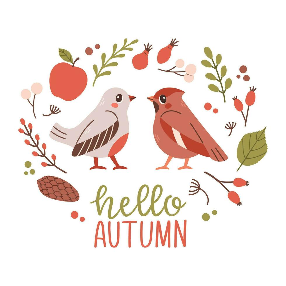 Hallo Herbst Postkarte mit Vögel. Wald Karte mit Blätter und süß Wald Tier auf Weiß Hintergrund. Vektor Illustration