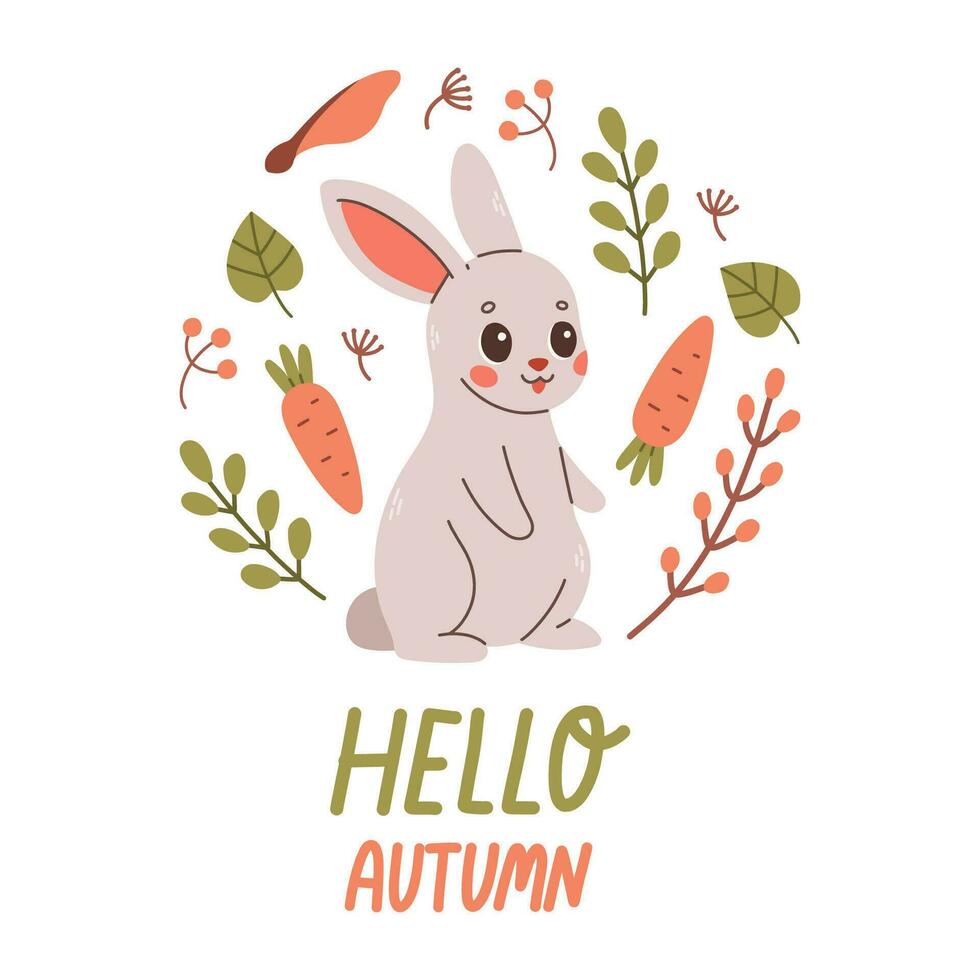 Hallo Herbst Postkarte mit Hase. Wald Karte mit Blätter und süß Wald Tier auf Weiß Hintergrund. Vektor Illustration