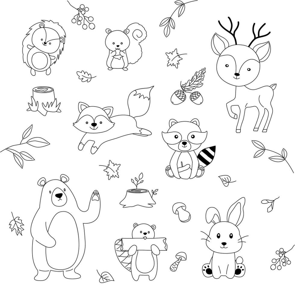 süß Wald Tiere im Karikatur Stil. das Natur von das Wald. tragen, Fuchs, Eichhörnchen, Igel, Hase, Waschbär. Vektor schwarz und Weiß Illustration