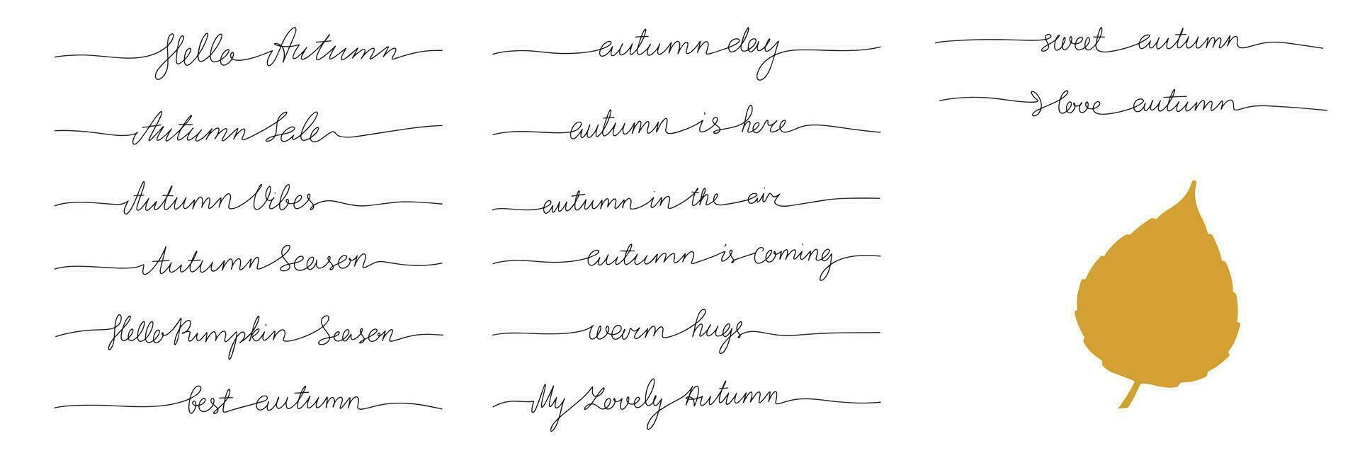 Sammlung von Herbst Zitate, einer Linie kontinuierlich Text. Linie Kunst fallen kurz Phrasen. Handschrift Herbst Text. Vektor Illustration.