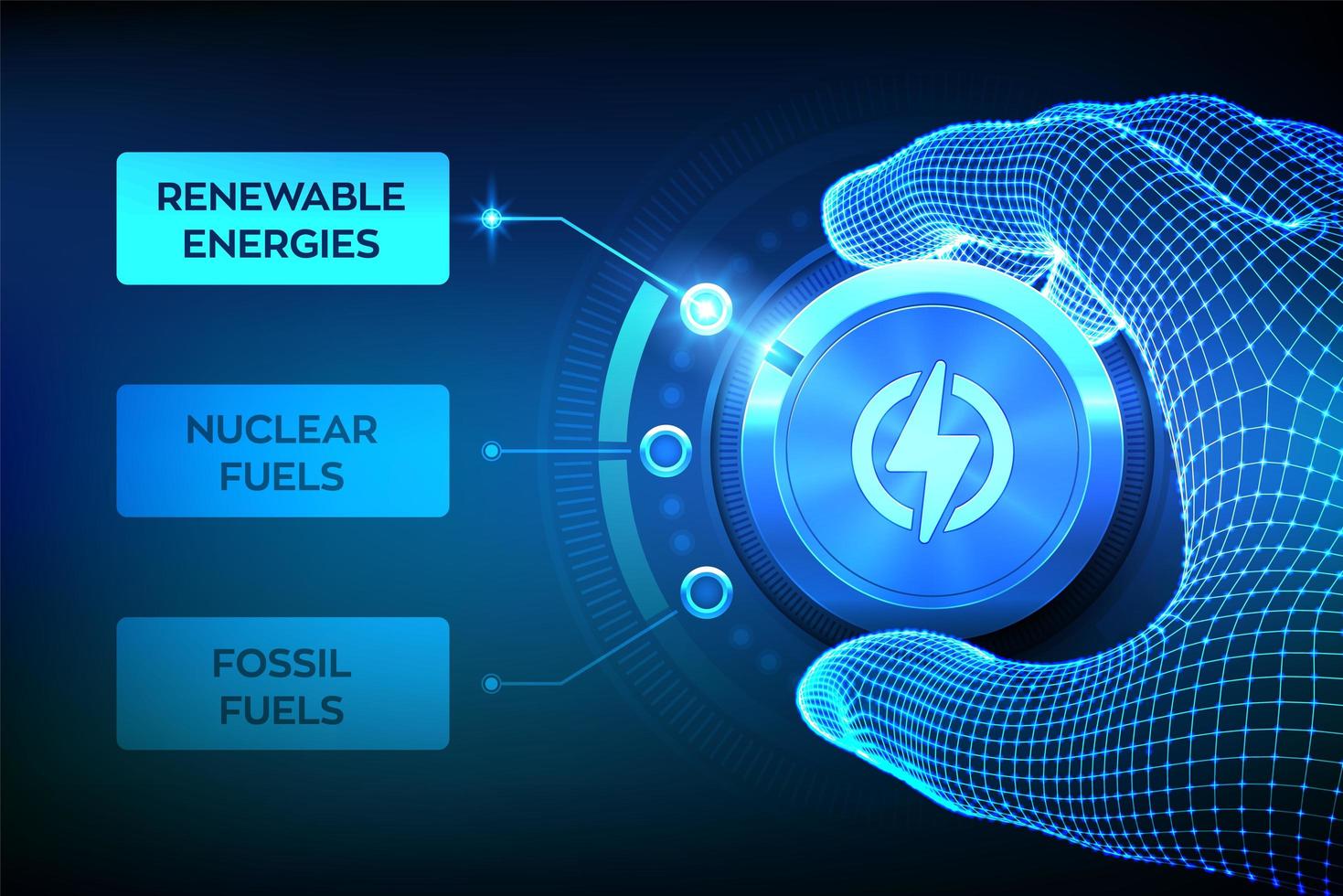 Sektoren der Energiewirtschaft. Wireframe-Hand, die einen Energiewendeknopf dreht, um von fossilen Brennstoffen zu erneuerbaren Energien zu wechseln. Stromerzeugung aus nachhaltigen Quellen. vektor