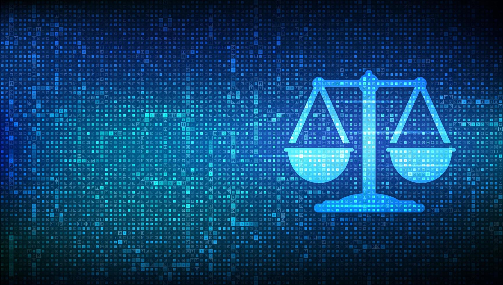 Internet-Gesetzsymbol mit Binärcode. cyberlaw als digitale Rechtsberatung oder Online-Rechtsberatungskonzept. Arbeitsrecht, Rechtsanwalt, Rechtsanwalt. digitale Binärdaten und Streaming-Digitalcode. vektor