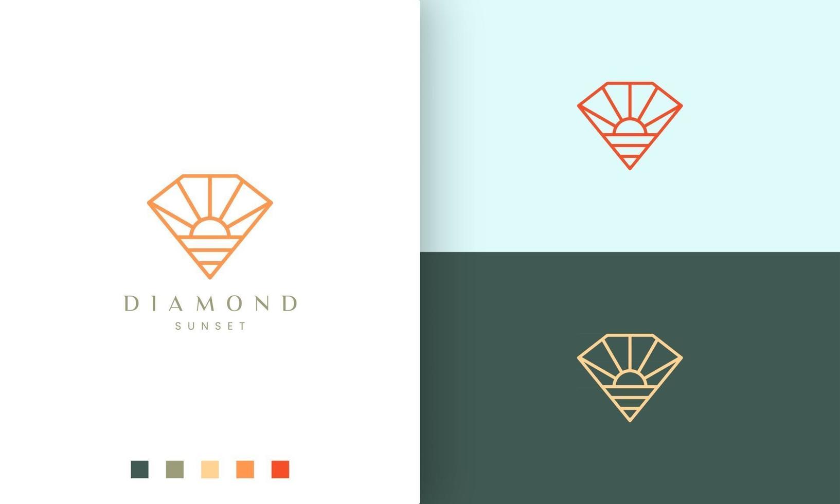 diamantstrandlogotyp med solform i enkel mono-linje och modern stil vektor