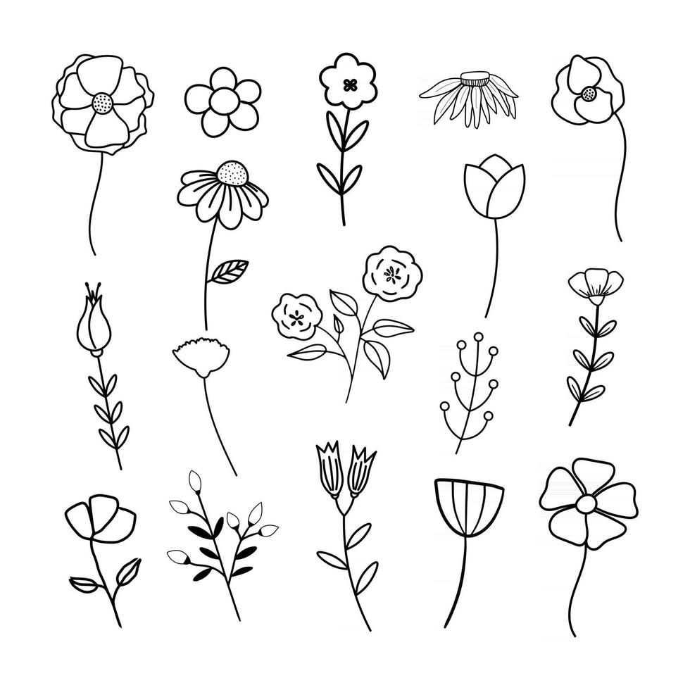 Satz von handgezeichneten flachen Vektorsymbolen für Blumen und Blätter vektor