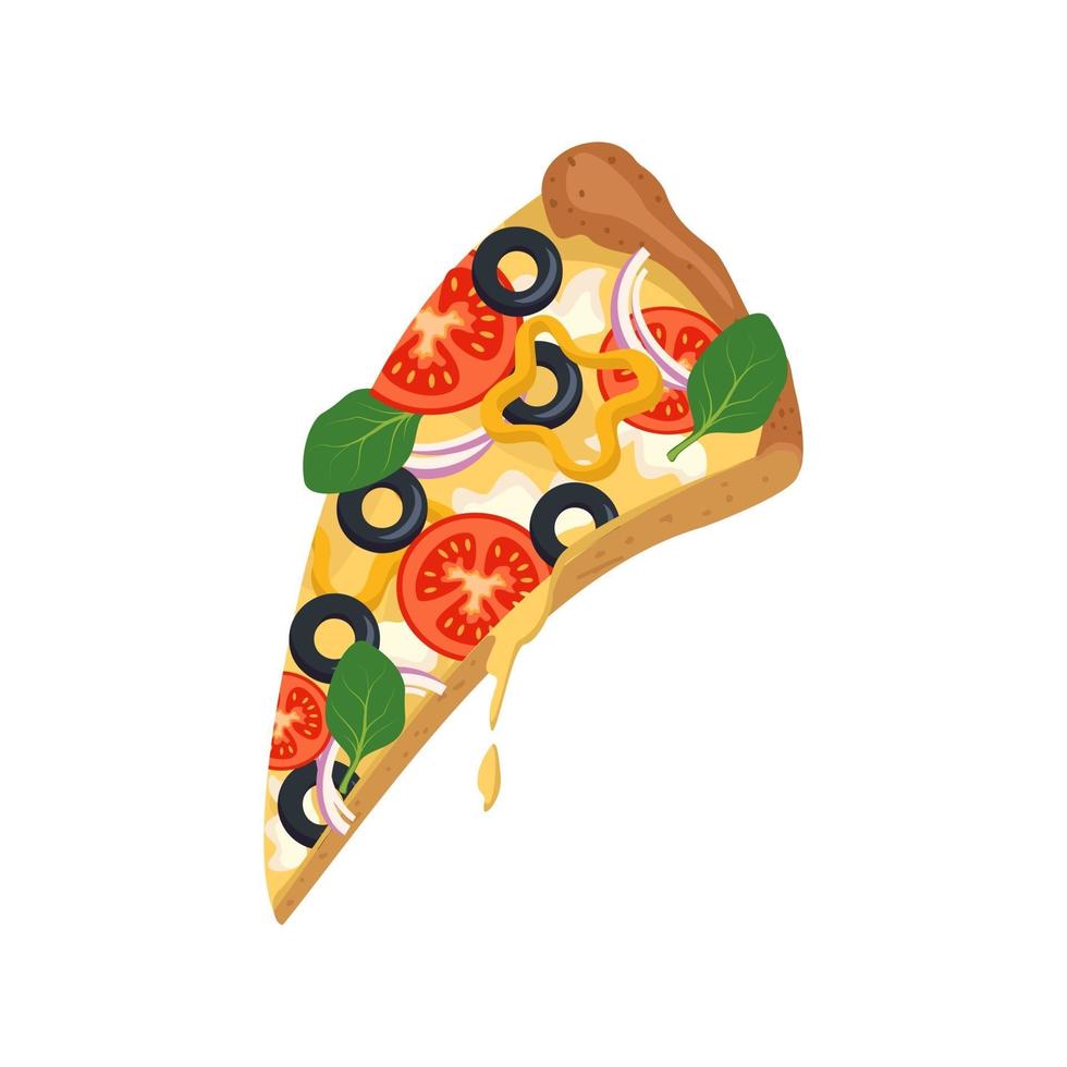 en skiva pizza med smält droppande ost, tomater, oliver och basilika. ljus, utsökt italiensk snabbmat med grönsaker. nationella ljusa köket vektor