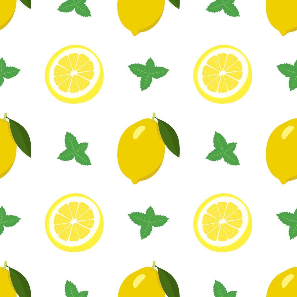 sömlös ljus vår och sommar mönster med citron och skivor och mynta blad. en uppsättning citrusfrukter för en hälsosam livsstil. platt vektorillustration av hälsosam mat vektor