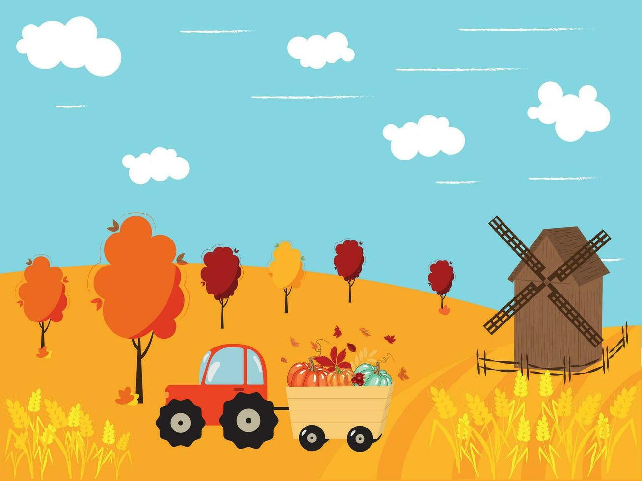 Herbst Ernte. Traktor im das Feld mit ein Anhänger mit Kürbisse. hoch Qualität Vektor Illustration.