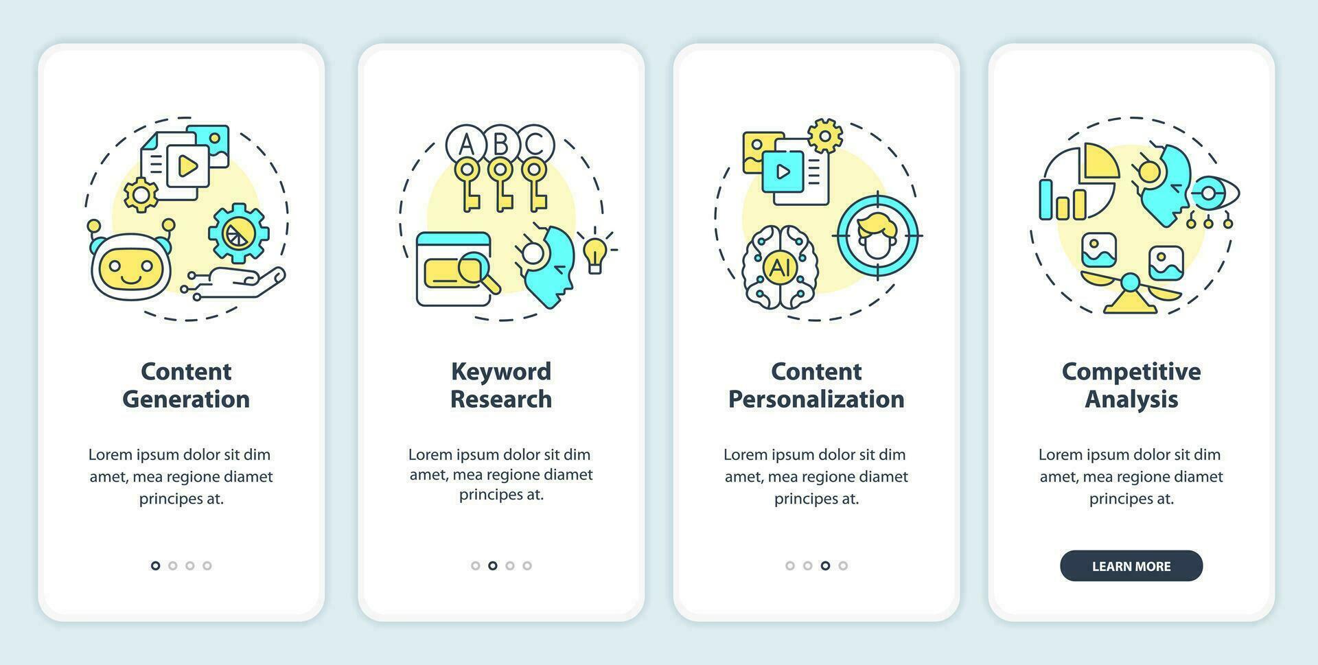 2d Symbole Darstellen ai zum SEO Handy, Mobiltelefon App Bildschirm Satz. Komplettlösung 4 Schritte bunt Grafik Anleitung mit linear Symbole Konzept, ui, ux, gui Vorlage. vektor