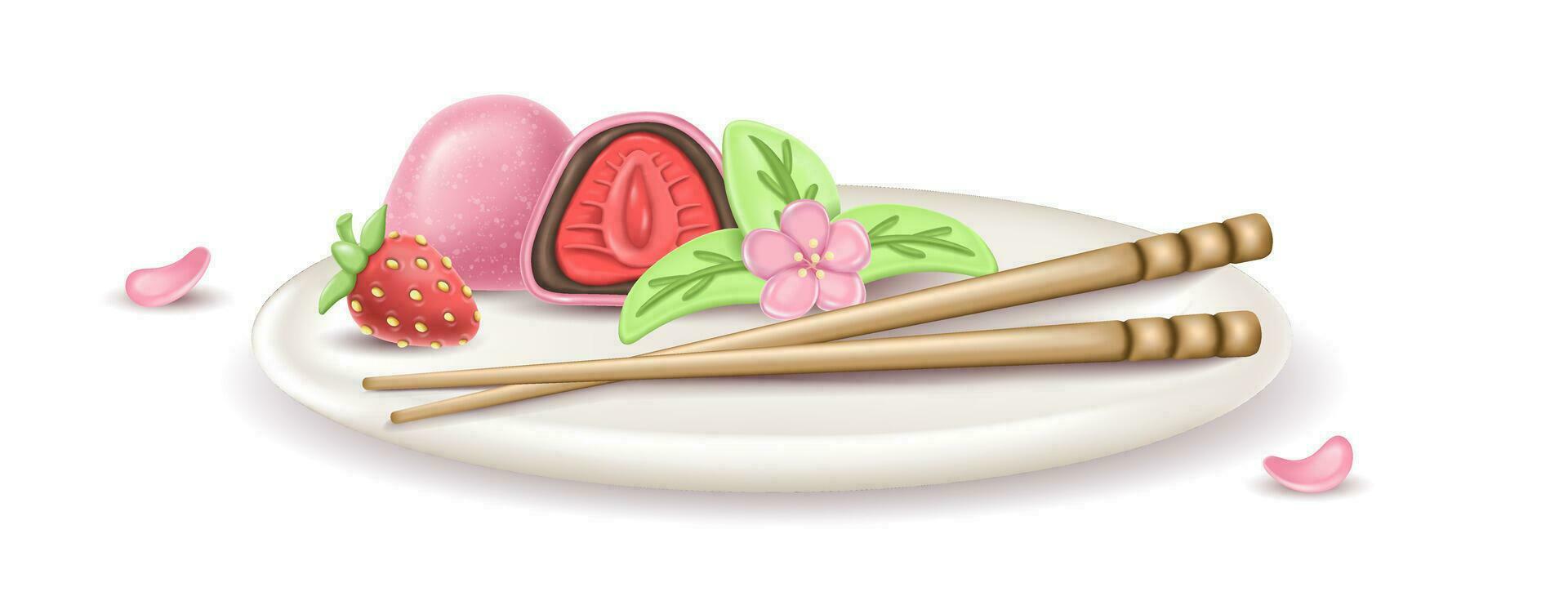 3d realistisk japansk efterrätt daifuku mochi med jordgubbar på en tallrik. en hela och halv en kaka i ris deg. eras maträtt med sakuri blommor, jordgubbar och hashi vektor