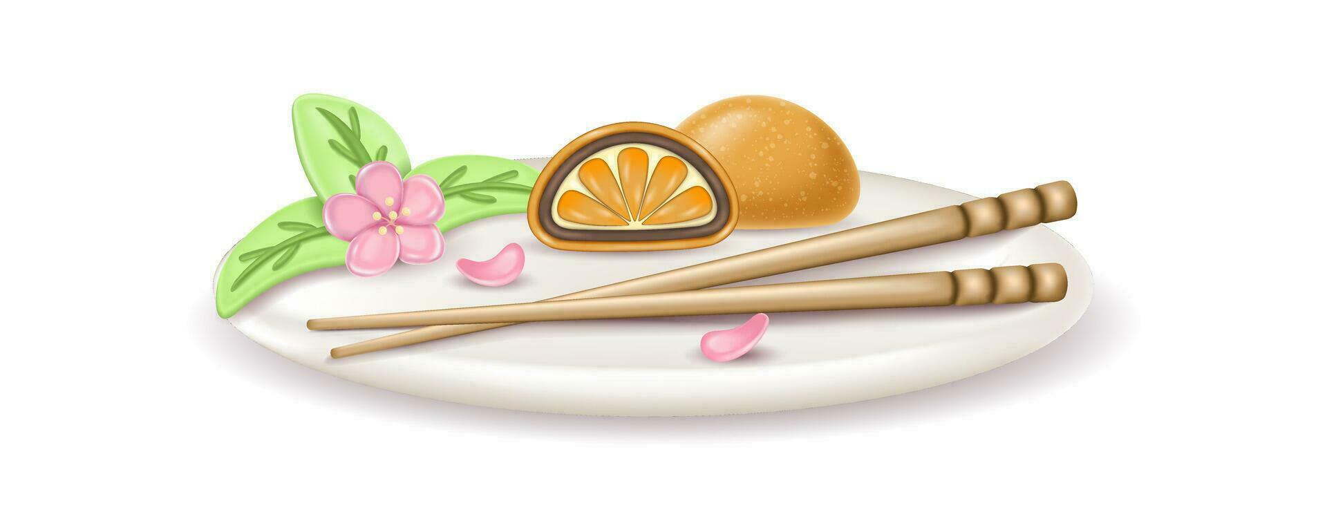 3d realistisch japanisch Dessert Daifuku Mochi mit Orange auf ein Platte. ein ganze und Hälfte ein Kuchen im Reis Teig. Portion Gericht mit Sakura Blumen und Hashi. vektor