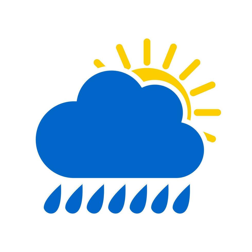 gul Sol med strålar och blå moln med regndroppar isolerat på vit bakgrund. vektor. vektor
