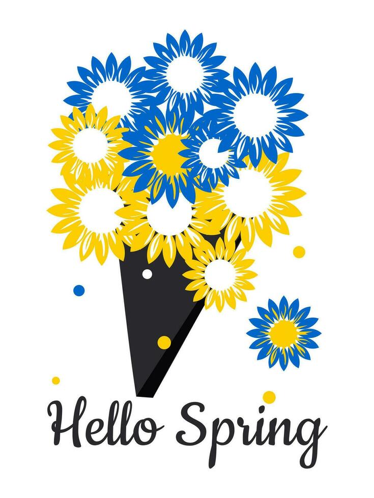 Strauß mit Blau und Gelb Sonnenblumen isoliert auf Weiß Hintergrund mit Inschrift Hallo Frühling. Vektor. vektor
