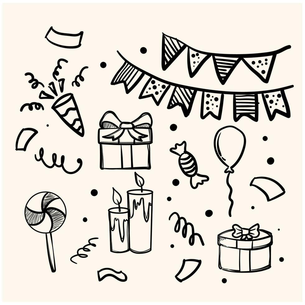 satz alles gute zum geburtstag kritzeleien. Skizze der Partydekoration, Geschenkbox, Kuchen, Partyhüte. hand gezeichnete vektorillustration lokalisiert auf weißem hintergrund. vektor