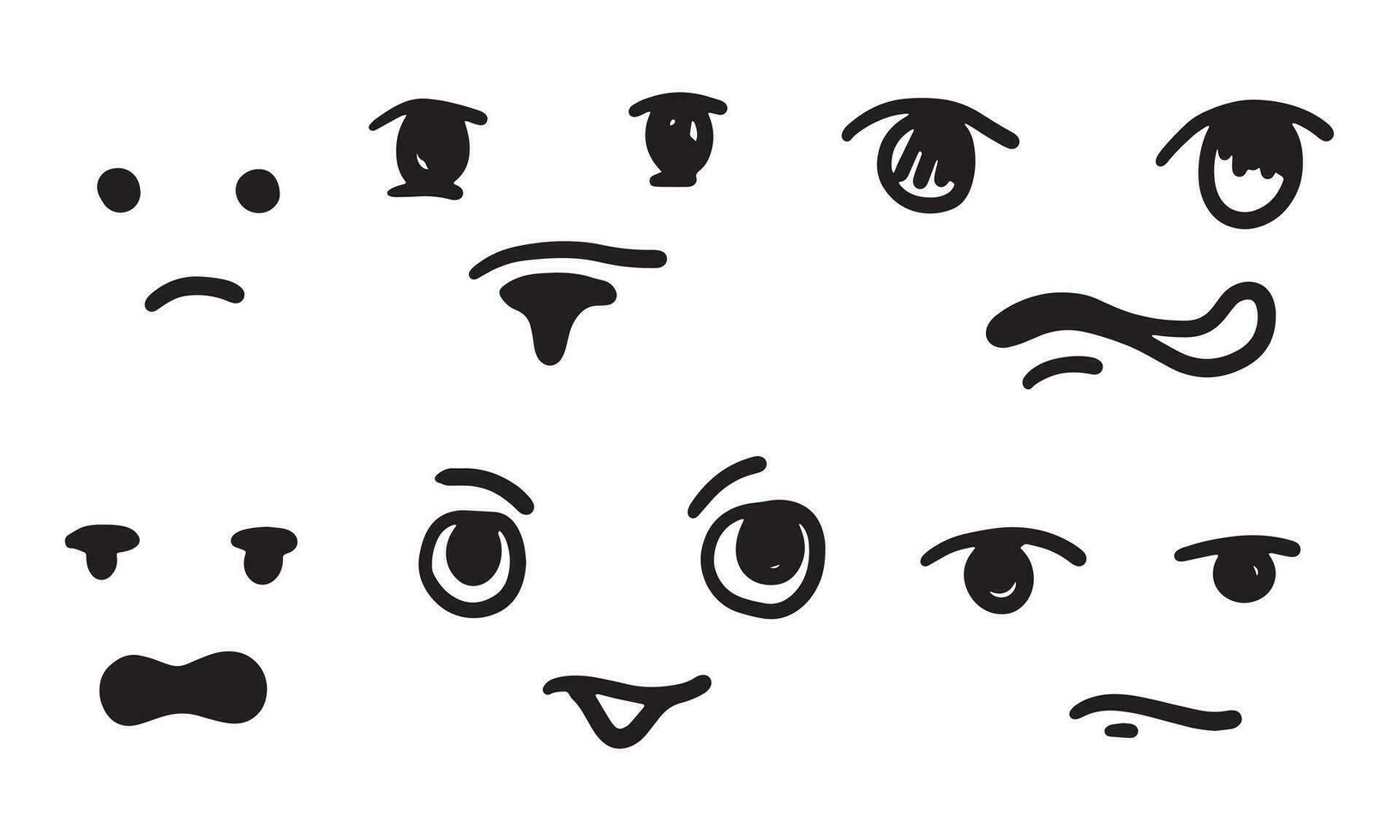 uppsättning av klotter ögon, ansikte och mun. vektor svart och vit ikoner.
