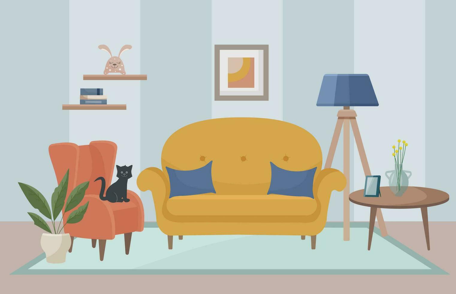 Leben Zimmer Innere mit Gelb Sofa, Fußboden Lampe, malen, Sessel, Zimmerpflanze. ein schwarz Kätzchen sitzt auf ein Sessel. Leben Zimmer. Zuhause Möbel. Vektor Illustration im eben Stil.