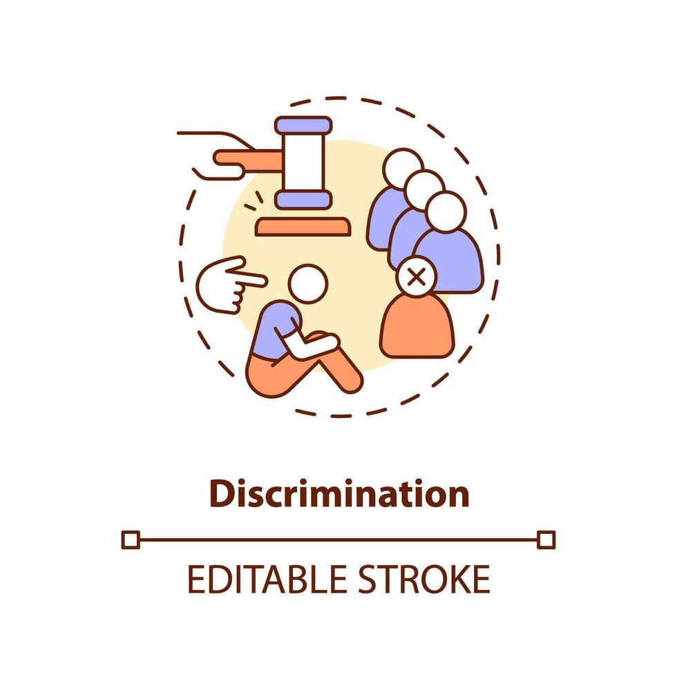 Diskriminierung Konzept Symbol. Sozial Ausschluss. Intoleranz. Gerechtigkeit Problem abstrakt Idee dünn Linie Illustration. isoliert Gliederung Zeichnung. editierbar Schlaganfall vektor