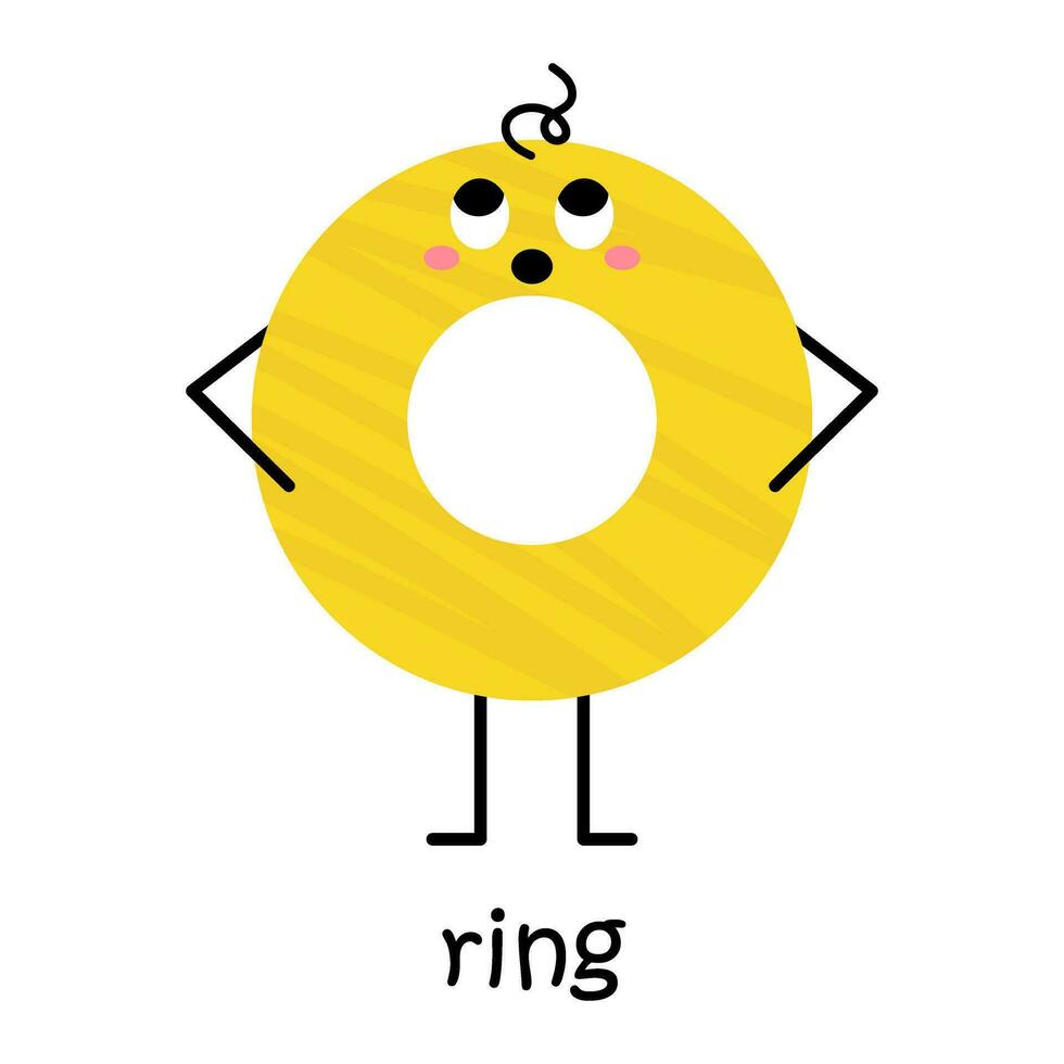 Vektor Gelb Ring Charakter. süß geometrisch Zahl mit Gesicht, erröten und Haar. Illustration mit Ring Text zum Schule und Kindergarten. süß komisch überrascht Ring gestalten Charakter zum Baby Design.