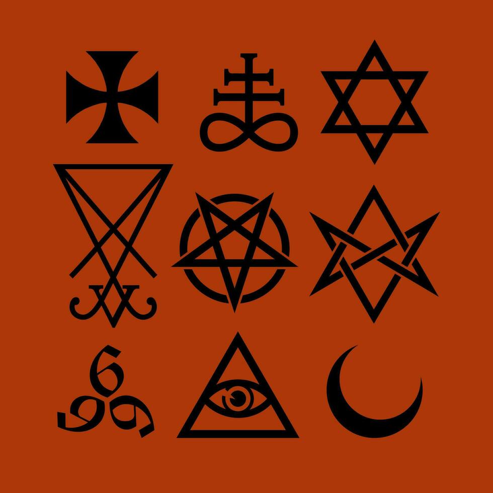 satanisch Symbole mittelalterlich Okkultismus Magie Briefmarken Siegel Schlüssel mystisch Symbole Knoten Teufel Kreuz Siegel Luzifer vektor