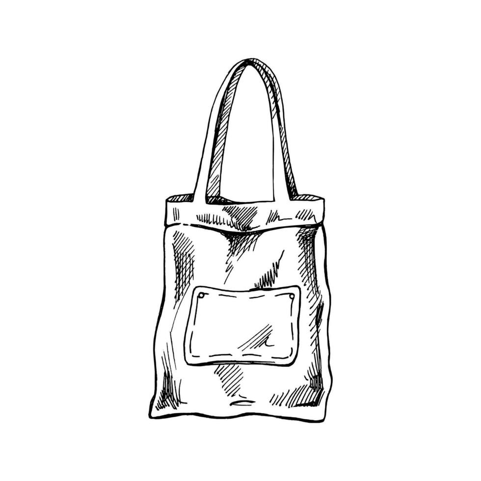 handgemalt Öko Tasche skizzieren. ökologisch Konzept, Natur Schutz, Textil- Leinen- Tasche. Gekritzel Zeichnung. Jahrgang Illustration. vektor